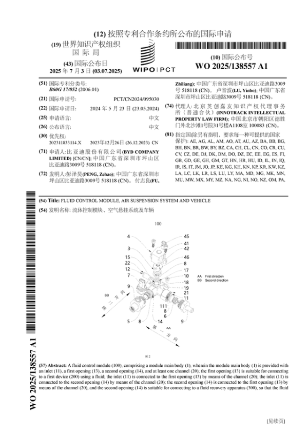 本财配资 比亚迪公布国际专利申请: “流体控制模块、空气悬挂系统及车辆”